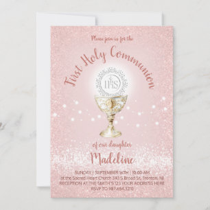 Convite Primeira Comunhão menina católica rosa