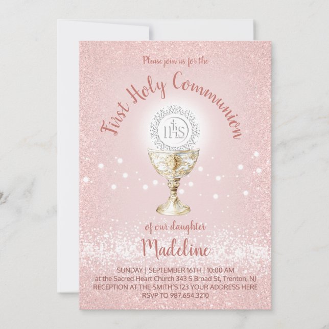 Convite Primeira Comunhão menina católica rosa (Frente)