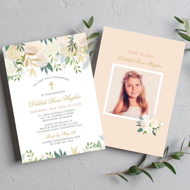 Convite Primeira Comunhão Menina com Borda Floral em Doura (Criador carregado)