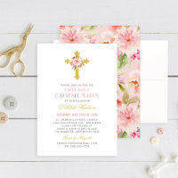 Primeira Comunhão Menina Cruz Dourada Floral Rosa