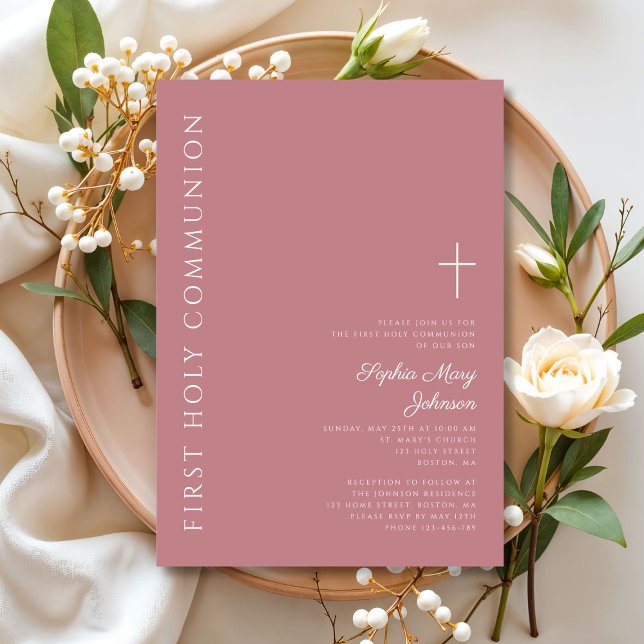 Convite Primeira Comunhão Menina Cruz Rosa Moderna (Modern Pink Cross Girl First Communion Invitation)