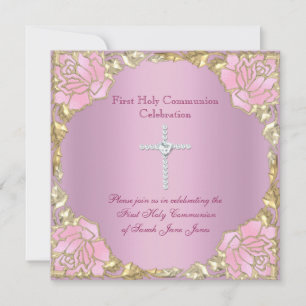 Convite Primeira Comunhão Menina Cruz Rosa Ouro Prata 2