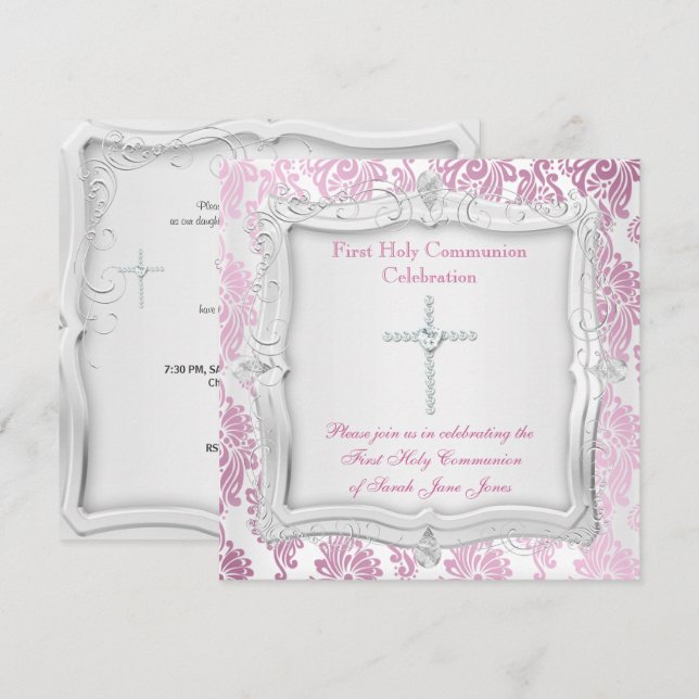 Convite Primeira Comunhão Menina Cruz Rosa Prata (Frente/Verso)