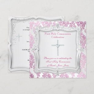Convite Primeira Comunhão Menina Cruz Rosa Prata