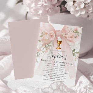 Convite Primeira Comunhão Menina Laço Rosa Floral