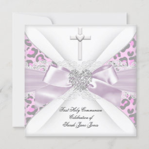 Convite Primeira Comunhão Menina Rosa Branco Cinza Leopard
