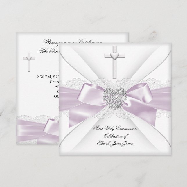 Convite Primeira Comunhão Menina Rosa Branco Coração 2 (Frente/Verso)