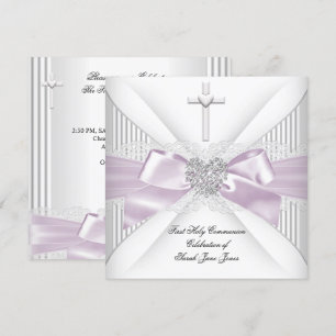 Convite Primeira Comunhão Menina Rosa Branco Coração Cinza