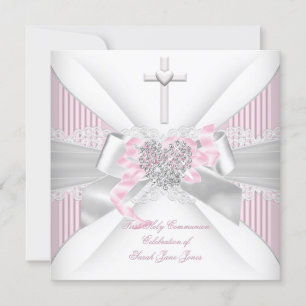 Convite Primeira Comunhão Menina Rosa Branco Coração Cinza
