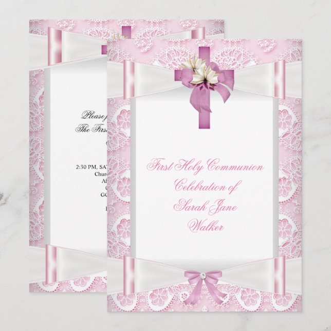 Convite Primeira Comunhão Menina Rosa Laço de Renda Branco (Frente/Verso)