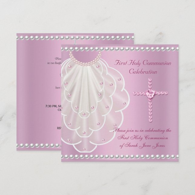 Convite Primeira Comunhão Menina Véu Rosa Pérola Rosa (Frente/Verso)