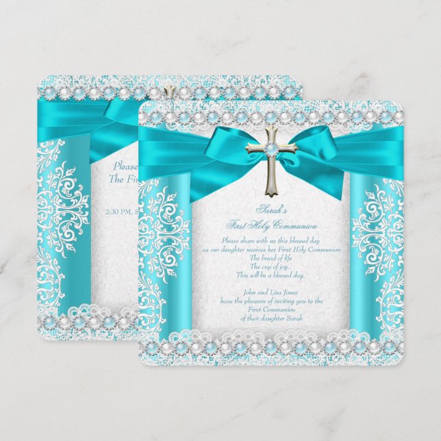 Convite Primeira Comunhão Meninas Branco Azul Pérola (Frente/Verso)