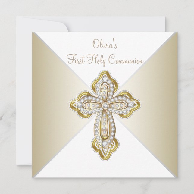 Convite Primeira Comunhão Meninas Branco e Dourado (Frente)