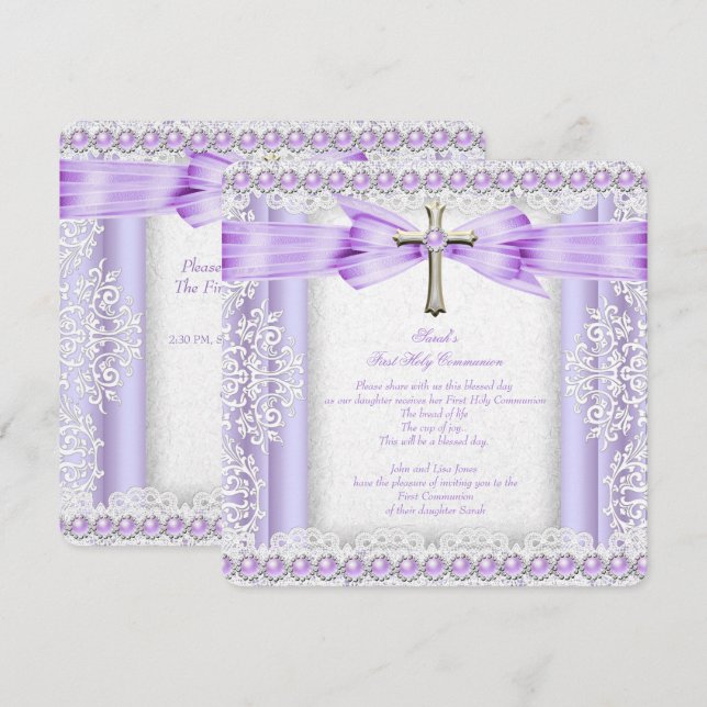 Convite Primeira Comunhão Meninas Cruz Lindo Lavanda 3 (Frente/Verso)