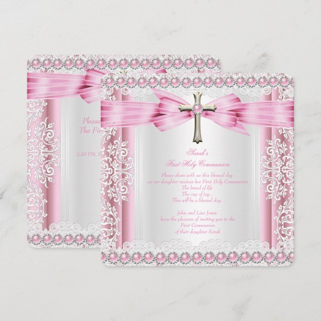 Convite Primeira Comunhão Meninas Cruz Rosa Bonito Branco (Frente/Verso)
