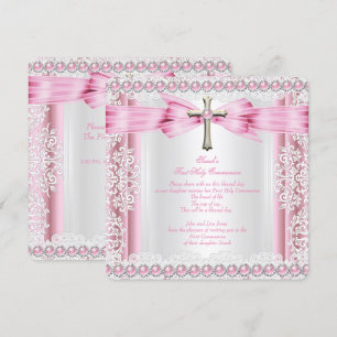 Convite Primeira Comunhão Meninas Cruz Rosa Bonito Branco