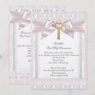 Convite Primeira Comunhão Meninas Cruz Rosa com Renda 3