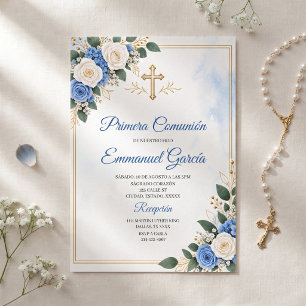 Convite Primeira Comunhão Menino Azul e Dourado Católico
