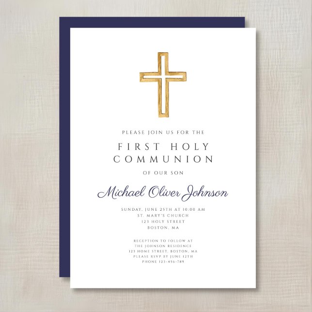 Convite Primeira Comunhão Menino Azul Marinho Religioso (Religious Navy Blue Boy First Communion Invitation)