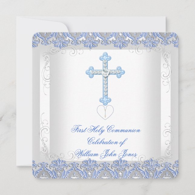 Convite Primeira Comunhão Menino Branco Prata Azul (Frente)