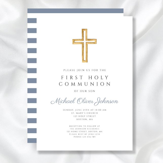 Convite Primeira Comunhão Menino Cruz Azul Moderna (Modern Blue Cross Boy First Communion Invitation)