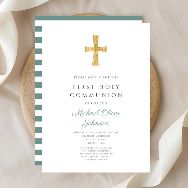 Convite Primeira Comunhão Menino Cruz Listras Verdes Moder (Modern Green Stripes Cross Boy First Communion Invitation)