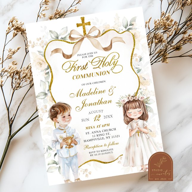 Convite Primeira Comunhão Menino e Menina Floral Branco (Criador carregado)