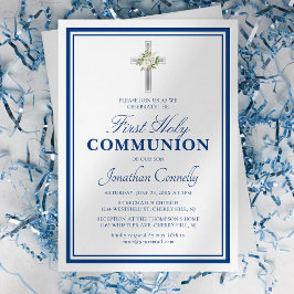 Convite Primeira Comunhão Menino Religioso Prata Azul