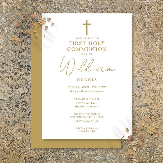 Convite Primeira Comunhão Minimalista Moderna Dourada (Gold Modern Minimalist First Holy Communion Invitation)