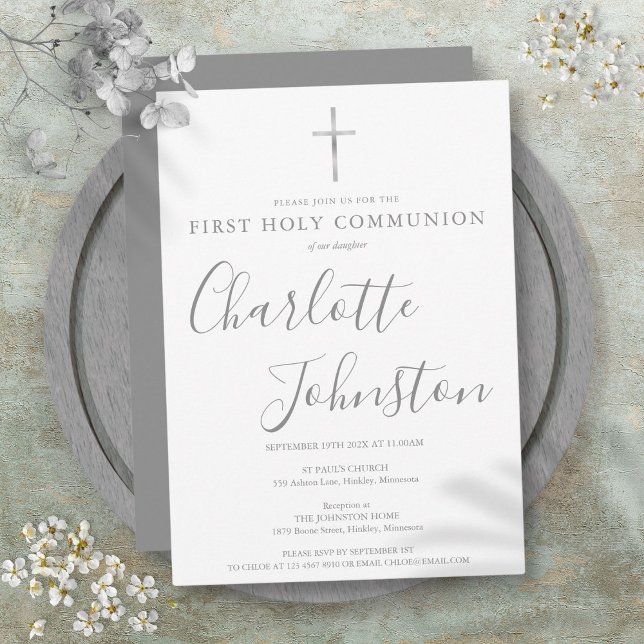 Convite Primeira Comunhão Moderna Assinatura Prata (First Holy Communion Modern Silver Signature Invitation)