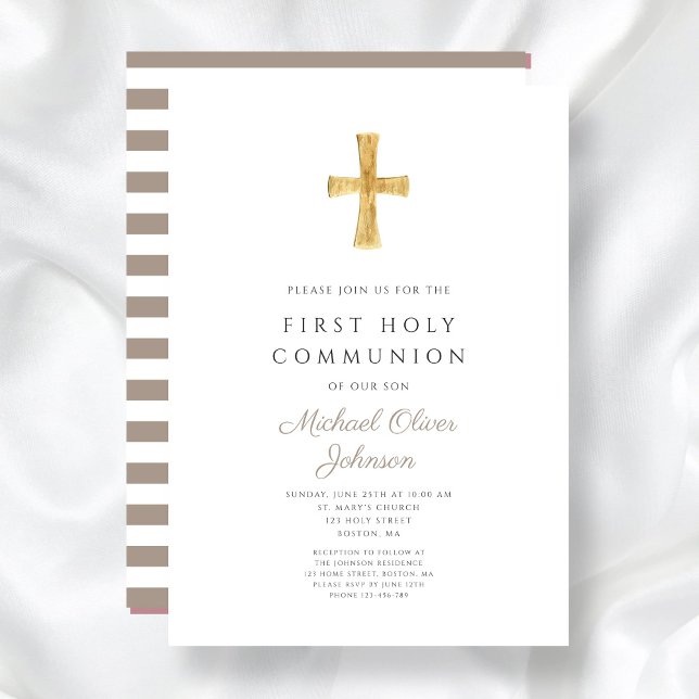 Convite Primeira Comunhão Moderna de Taupe Cross Boy (Modern Taupe Cross Boy First Communion Invitation)