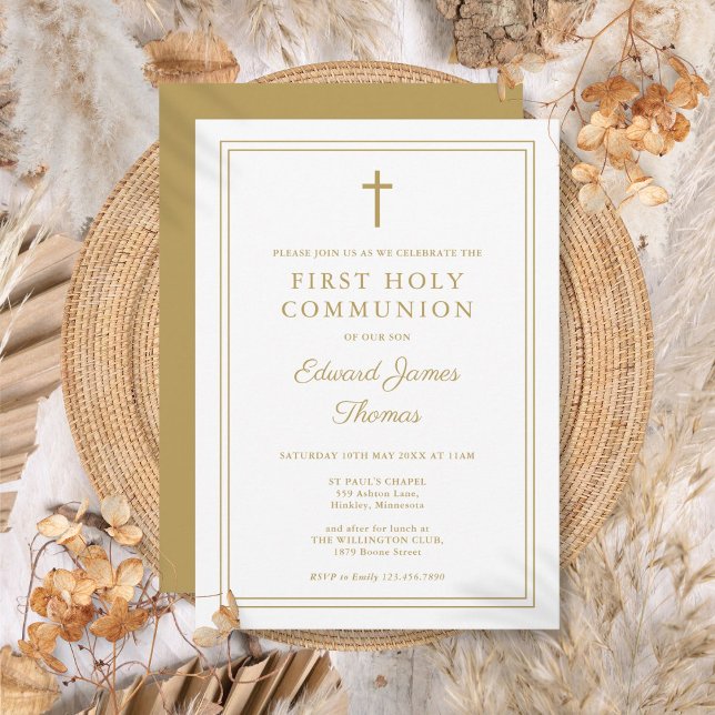 Convite Primeira Comunhão Moderna e Elegante com Borda Dou (Modern Elegant Gold Border First Holy Communion Invitation)