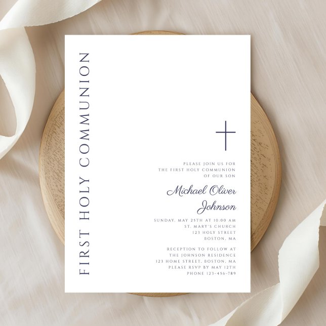 Convite Primeira Comunhão Moderna em Azul Marinho Script (Modern Navy Blue Script First Holy Communion Invitation)
