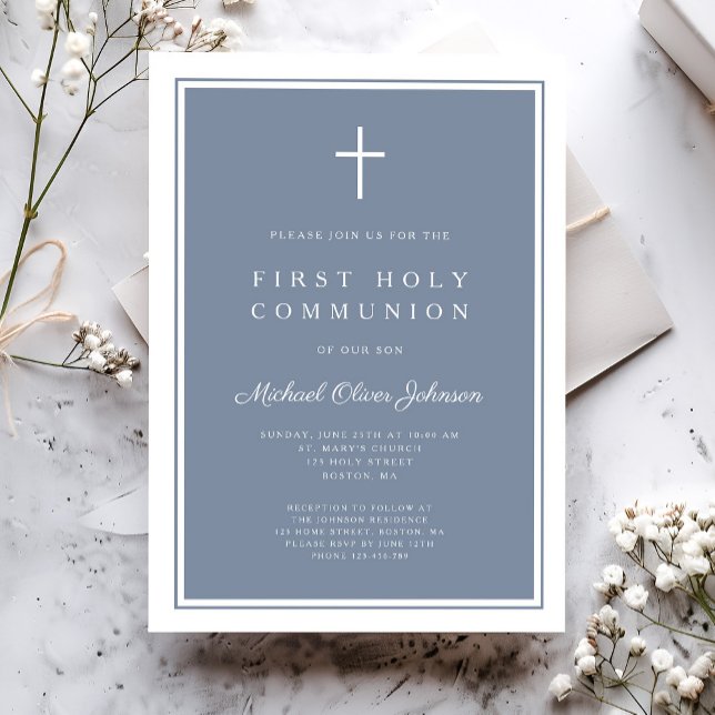 Convite Primeira Comunhão Moderna Menino Cruz Azul Empoeir (Modern Dusty Blue Cross Boy First Holy Communion Invitation)
