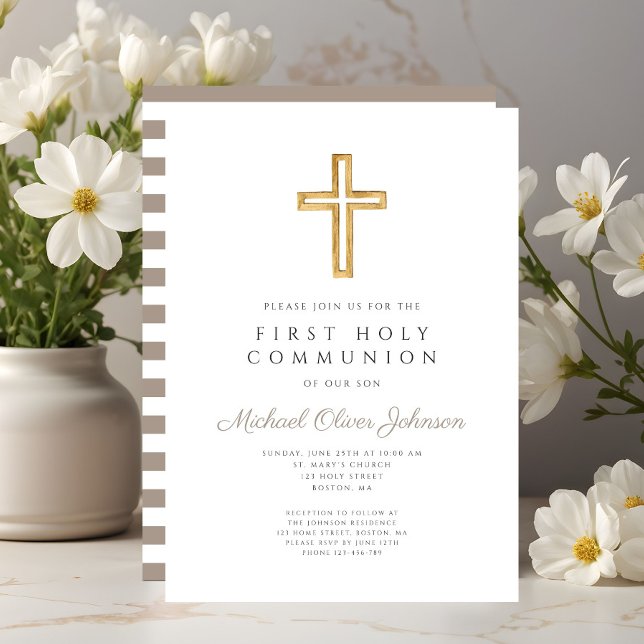 Convite Primeira Comunhão Moderna Menino Cruz Bege (Modern Taupe Cross Boy First Communion Invitation)