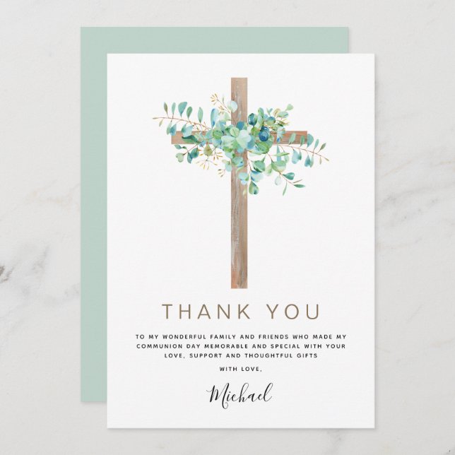 Convite Primeira Comunhão Obrigado Sage Eucalyptus Inv (Frente/Verso)