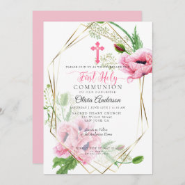 Convite Primeira Comunhão | Papagaios cor-de-rosa e folhag