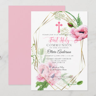 Convite Primeira Comunhão Papagaios cor-de-rosa e folhag
