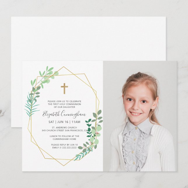 Convite Primeira Comunhão pela Cruz de Folhagem Geométrica (Frente/Verso)