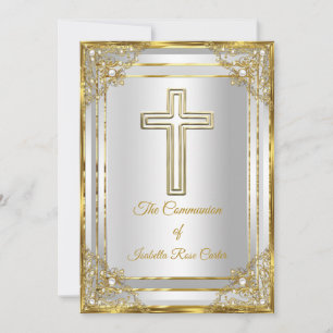 Convite Primeira Comunhão Pérola Dourado Branco Cruz Sagra