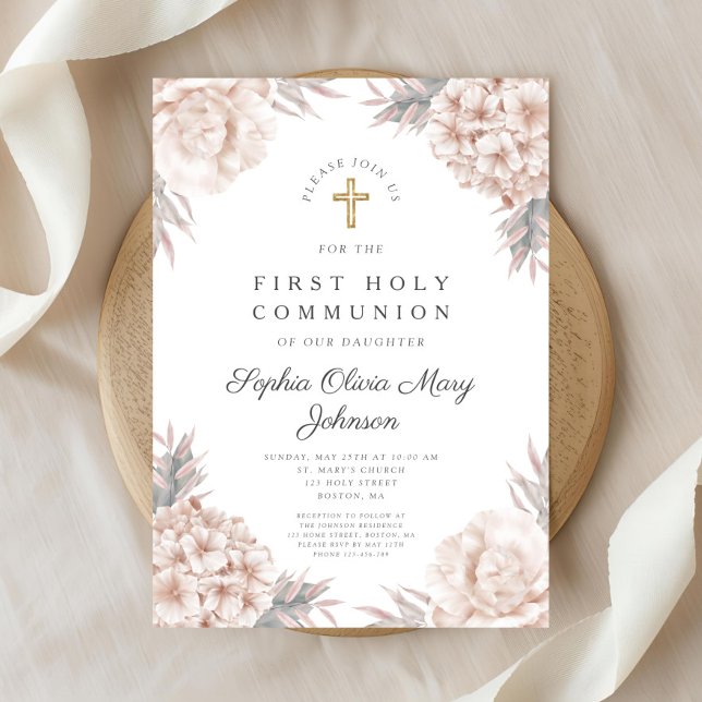 Convite Primeira Comunhão Religiosa Dourada Floral Rosa (Pink Floral Gold Cross Religious First Communion Invitation)
