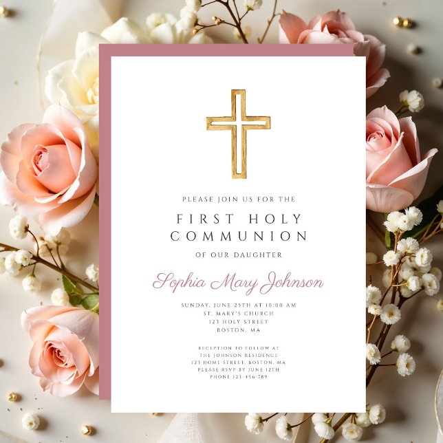 Convite Primeira Comunhão Religiosa Menina Cruz Rosa Moder (Modern Pink Cross Religious Girl First Communion Invitation)