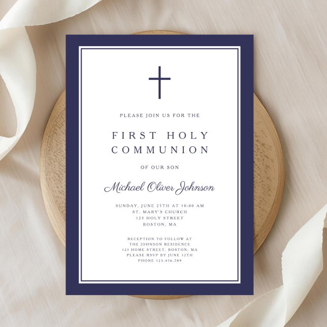 Convite Primeira Comunhão Religiosa Menino Azul-Marinho Mo (Modern Navy Blue Religious Boy First Communion Invitation)
