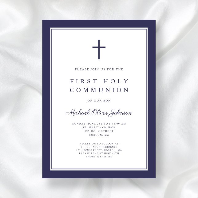 Convite Primeira Comunhão Religiosa Menino Azul-Marinho Mo (Modern Navy Blue Religious Boy First Communion Invitation)