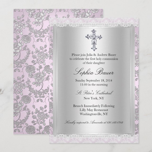 Convite Primeira Comunhão Rosa com Renda Bonita (Frente/Verso)