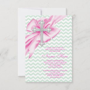 Convite Primeira Comunhão Rosa e Verde Bonito em Chevron
