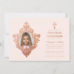 Convite Primeira Comunhão Rosa Menina Foto Vintage Rosa Do