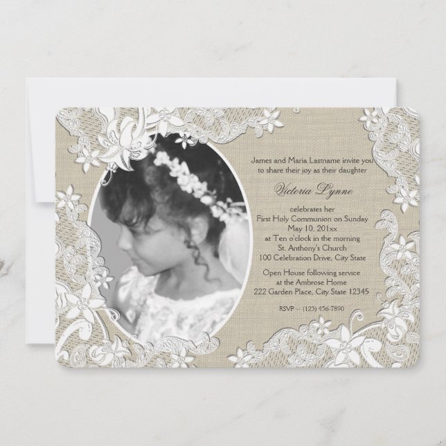 Convite Primeira Comunhão Rustic Floral com Foto (Frente)