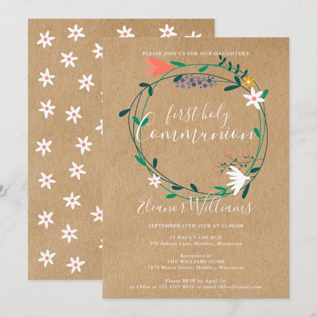 Convite Primeira Comunhão Rústico Moderno Floral (Frente/Verso)