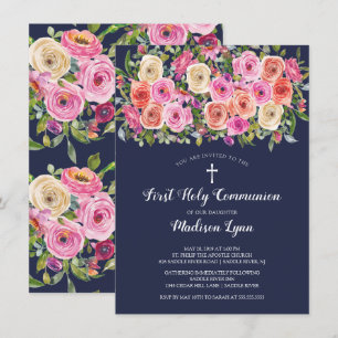 Convite Primeira Comunhão Sagrada de Cor Rosa Rosa Modern